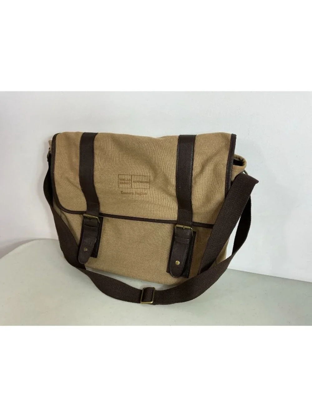Wells Fargo Tan Canvas Brown Leather Messenger Bag Utility Crossbody